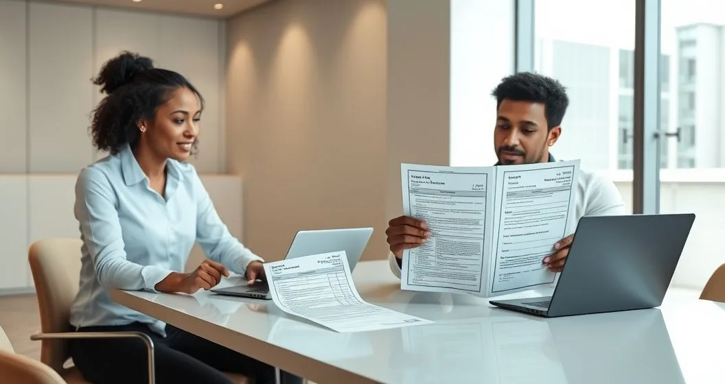 Payroll manager and employee reviewing amended Form 1040 X and payroll records in a modern office