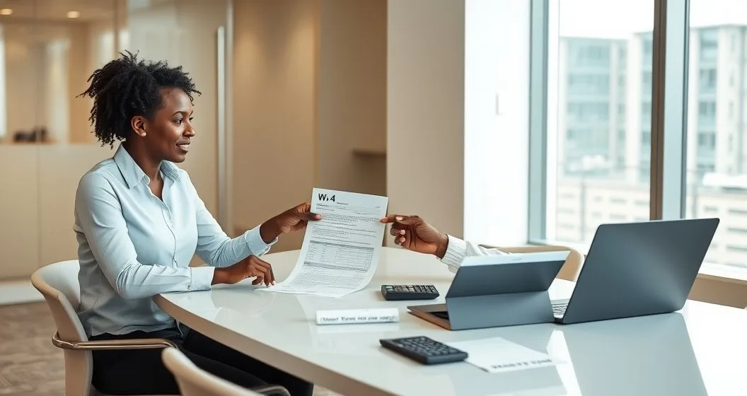 Tax advisor pointing to W-4 and Form 2210 on a conference table while taxpayer listens, laptop and calculator nearby