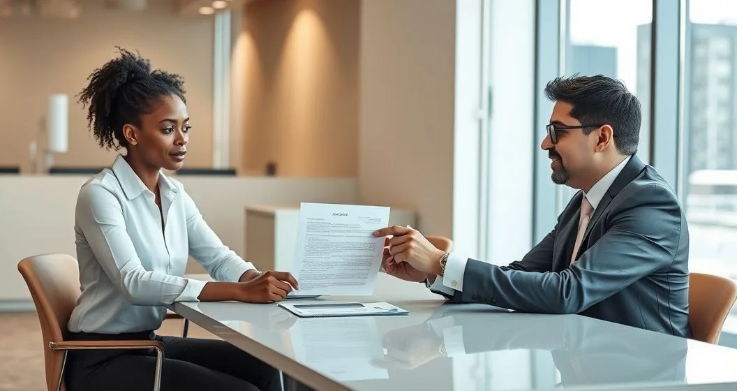 Loan officer points to a blurred loan document as a cosigner listens attentively beside the borrower at a minimalist conference table