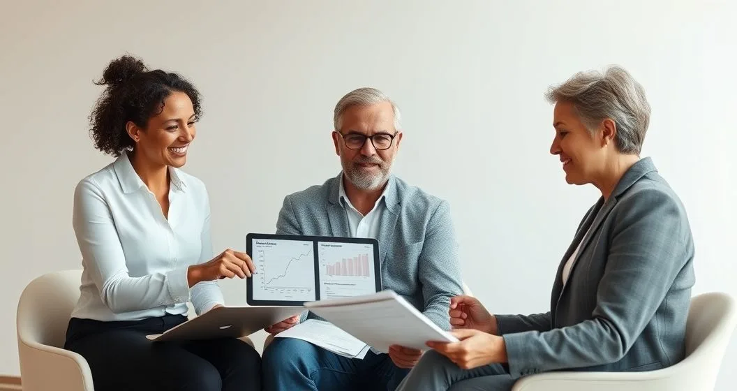 Couple and advisor reviewing retirement timelines on a tablet