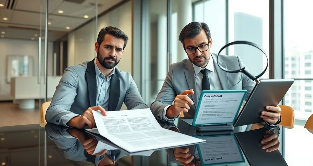 Two diverse professionals in a modern conference room the borrower reviews a slim loan agreement while the lender inspects a tablet with a short covenant checklist and a magnifying glass highlighting monitoring risk