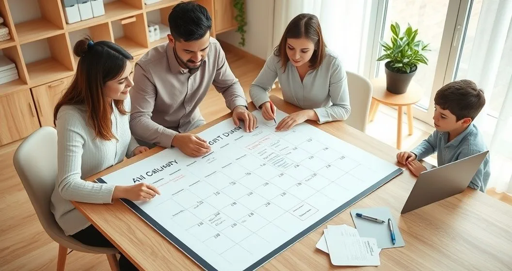 Parents and child planning a 12 month family financial calendar at a modern home office table with a laptop and organized envelopes.