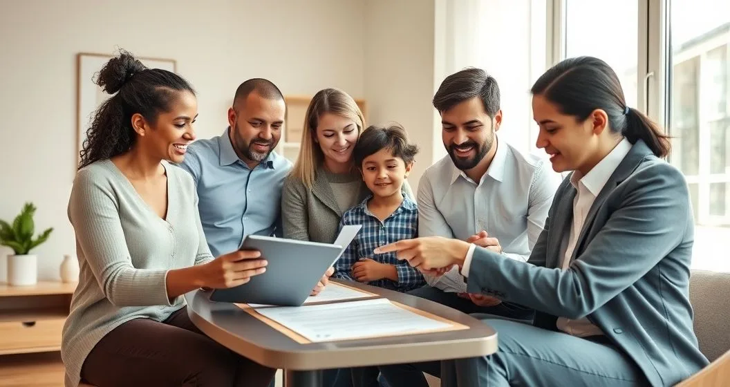 Diverse family and financial advisor gathered around a modern table drafting a family financial mission statement on a tablet and notepad