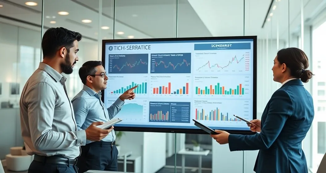 Three financial professionals in a glass conference room review three side by side scenario dashboards on a large monitor. One points to a timeline trigger while another takes notes on a tablet.