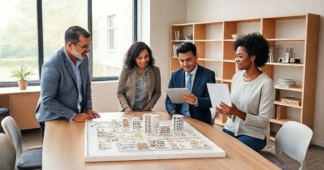 Three diverse professionals around a conference table examining a scale model of neighborhood projects while an advisor points and shows grant allocations on a tablet