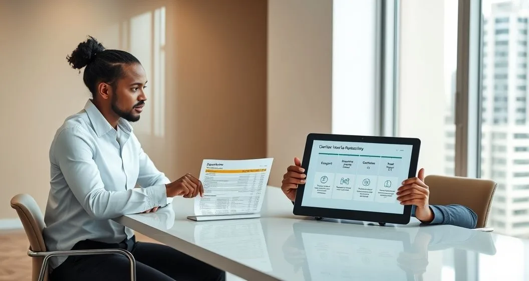 Financial advisor and client reviewing a highlighted credit report and tablet timeline with outcome icons in a modern office