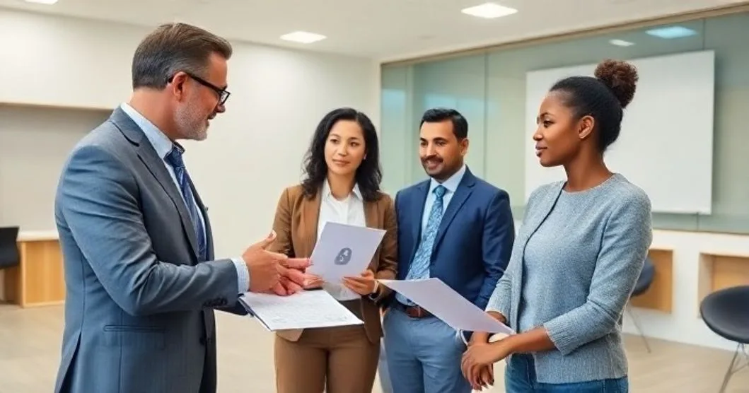 Couple with loan officer and identity protection specialist viewing a tablet with a lock icon symbolizing a credit freeze