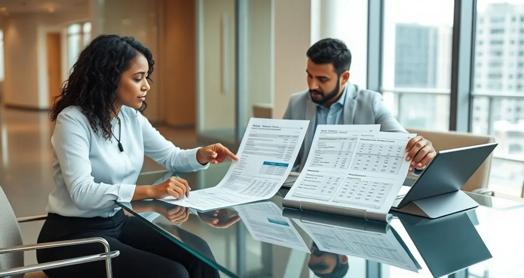 A financial advisor points to highlighted sections on a printed credit report and tablet as a borrower listens and takes notes in a modern office