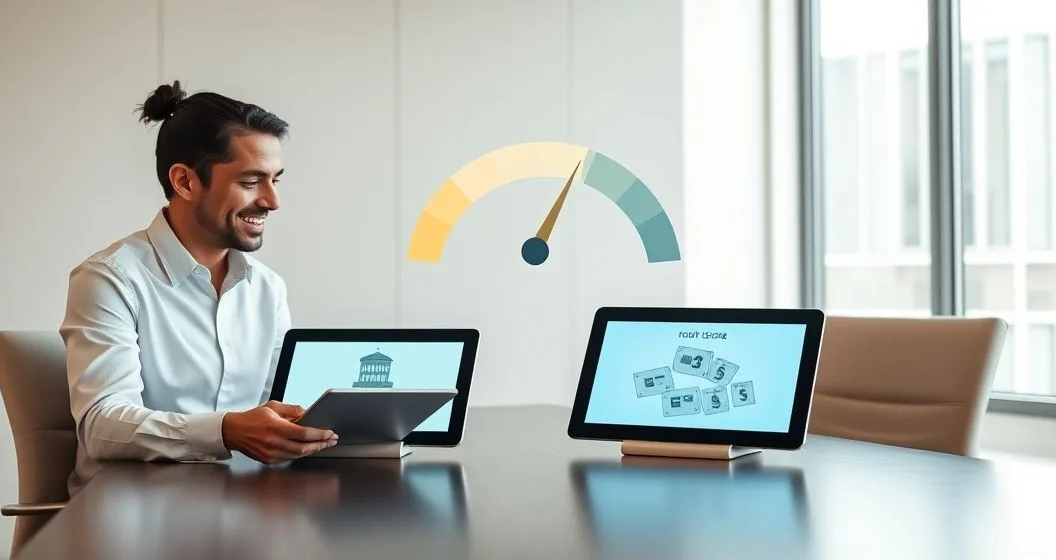 Financial advisor and client comparing two tablets; left shows a loan replacement icon, right shows multiple debt cards merging into one, with a credit score gauge above showing a small dip then recovery.