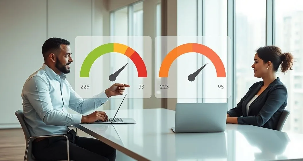 Financial advisor and two clients viewing overlapping translucent credit score meters above a conference table representing how joint accounts and authorized users transfer credit history