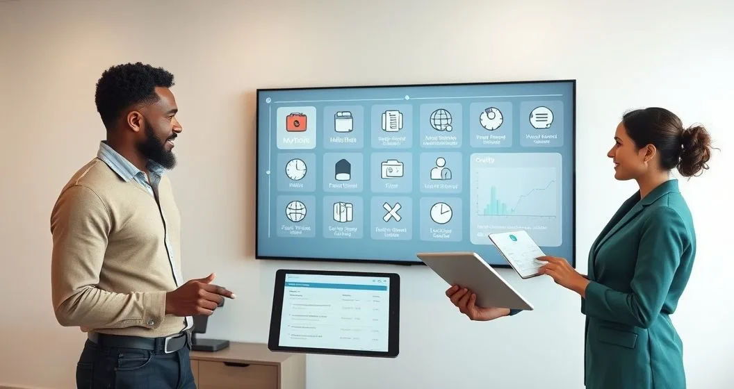 Advisor pointing at a touchscreen where myth icons fade into factual icons while clients review a tablet credit summary in a modern office