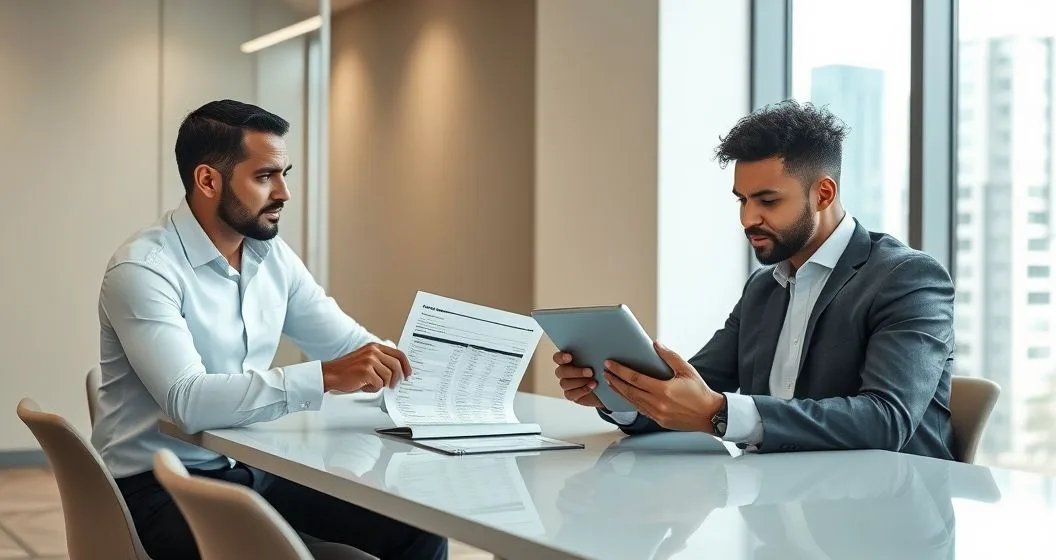 Financial advisor pointing to a printed credit report across a conference table while a diverse client looks at a tablet conveying myth busting and concern