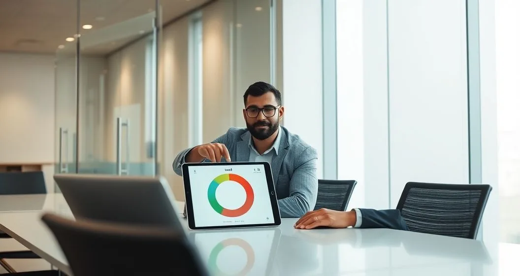 Financial advisor and client viewing a tablet with a credit utilization gauge and used versus available credit bars in a modern office