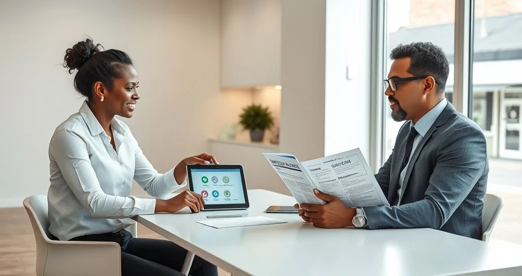 Insurance advisor and small business owner reviewing a tablet with a blurred incident response diagram and a policy packet in a modern office