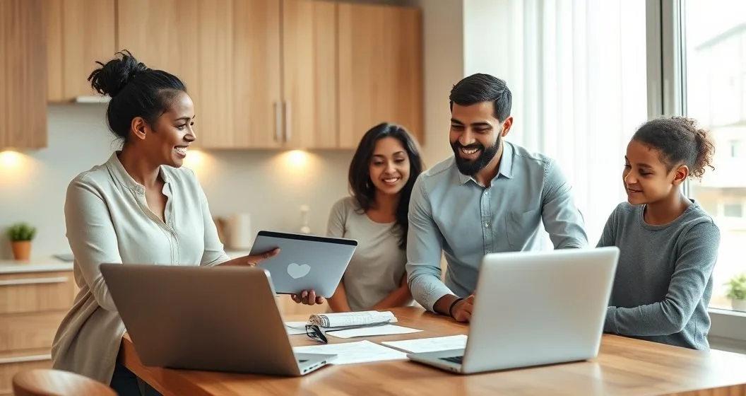 Insurance advisor showing a tablet with a shield icon to a diverse family at a modern kitchen table with laptop and documents indicating coverage for identity theft financial loss and data recovery