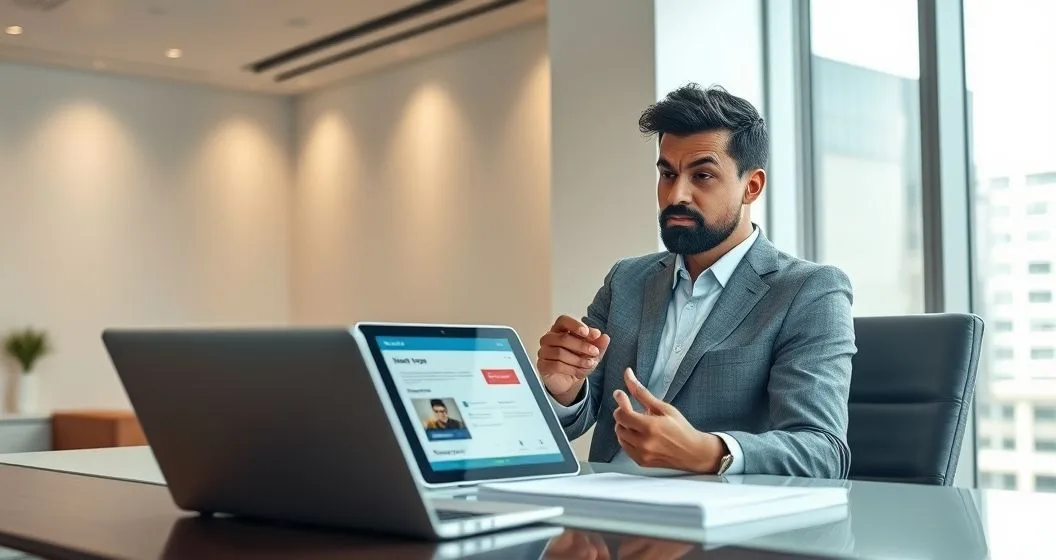 Insurance advisor showing a tablet with a breach graphic to a concerned client in a modern office