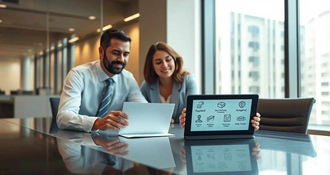 Tax attorney and diverse clients at a conference table reviewing a legal envelope while a tablet displays icons for payment withdrawal subordination discharge installment agreement and offer in compromise