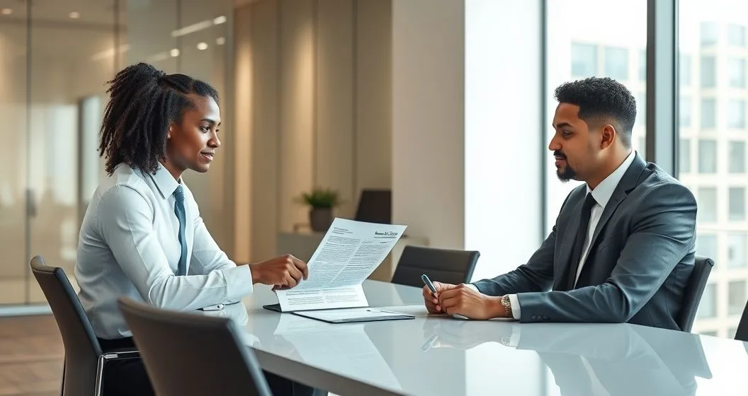 A consumer rights attorney and a client reviewing a debt validation document across a modern conference table
