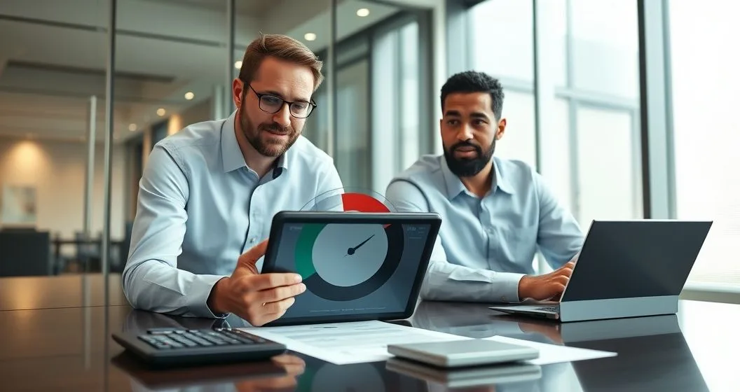Two professionals in a boardroom reviewing a tablet with a red zone meter indicating low debt service coverage alongside financial documents and a calculator.