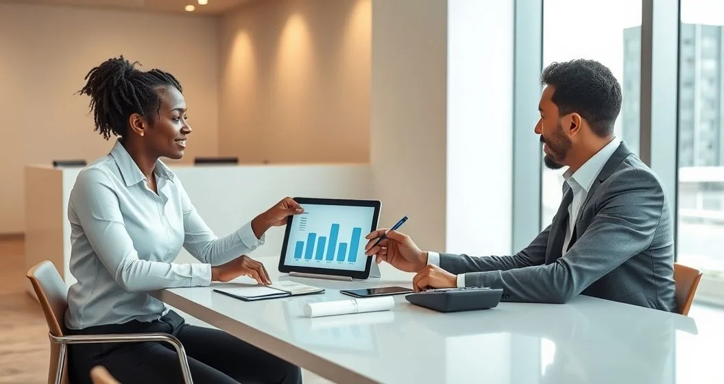 Financial advisor and borrower reviewing a tablet with income and debt bar comparison at a clean conference table