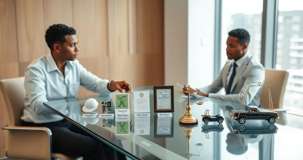 Attorney explaining surviving debts to a client using symbolic objects on a conference table