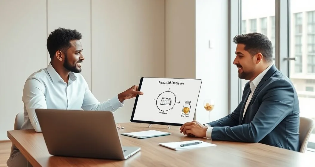 Financial advisor and client reviewing a tablet with three visual options for handling large tax debts at a clean conference table in a modern office