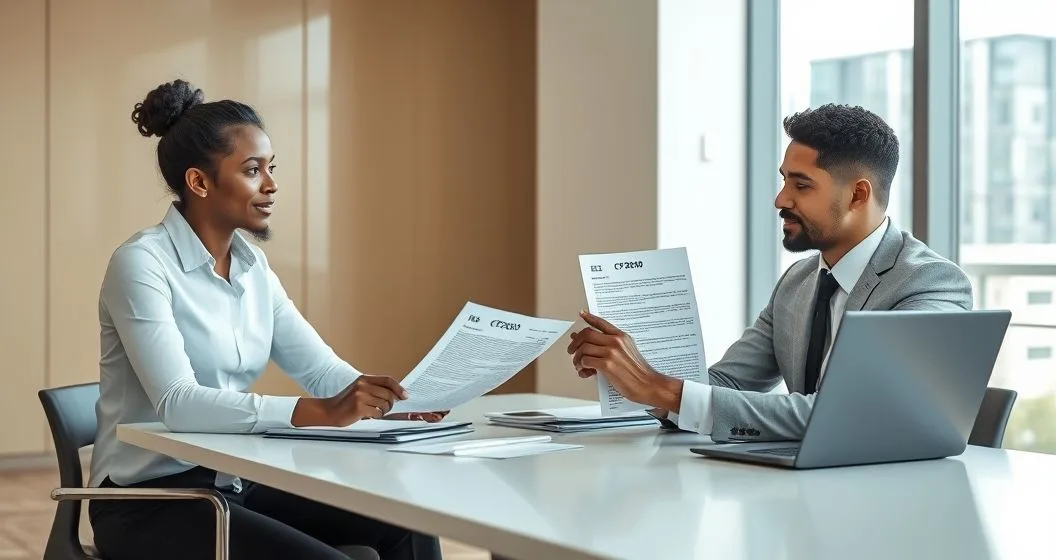 Tax advisor pointing to an IRS letter labeled CP2000 while a client listens across a minimalist conference table