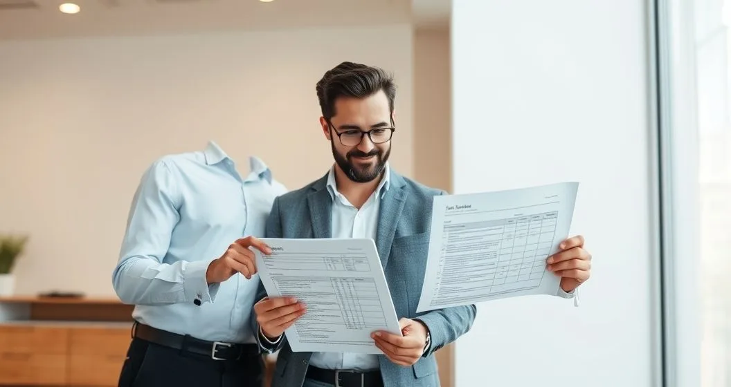 Tax advisor with a diverse couple reviewing a printed tax notice and a tablet checklist in a modern office