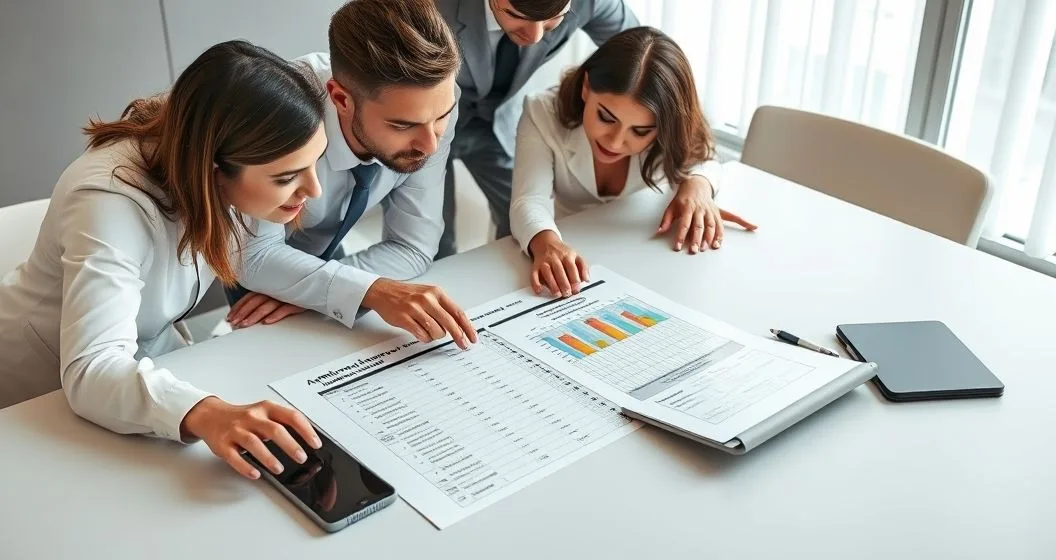 Loan officer explaining a rate sheet to two clients using a tablet and printed document with highlighted adjustment markers