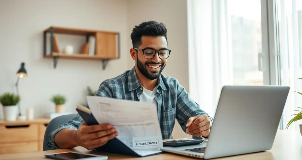 Sole proprietor at a tidy home office desk sorting receipts into a folder labeled Business Expenses with an open laptop and calculator nearby