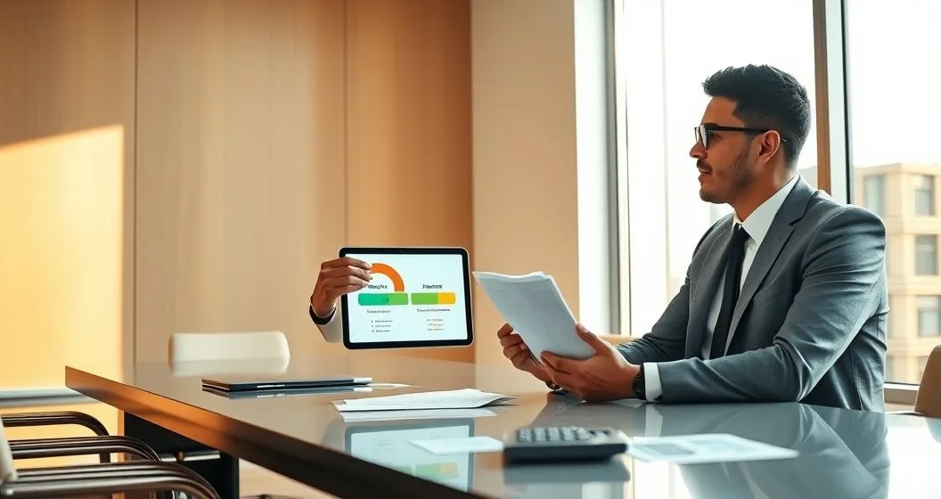 Financial advisor pointing at tablet screen showing two progress bars labeled Deductible and Out of Pocket Maximum with client and documents on a conference table
