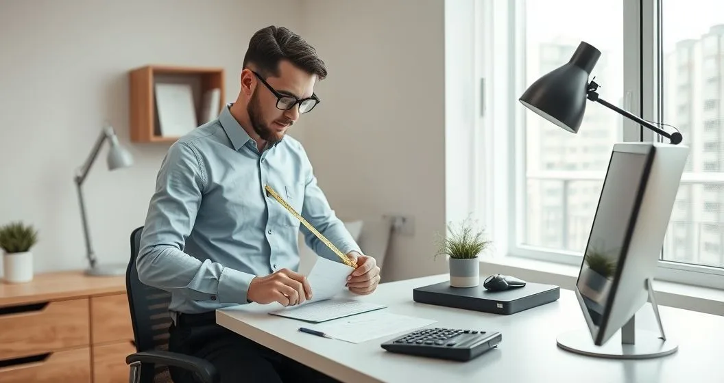 Person measuring a home office corner with a tape measure and organizing receipts and calculator on a tidy desk