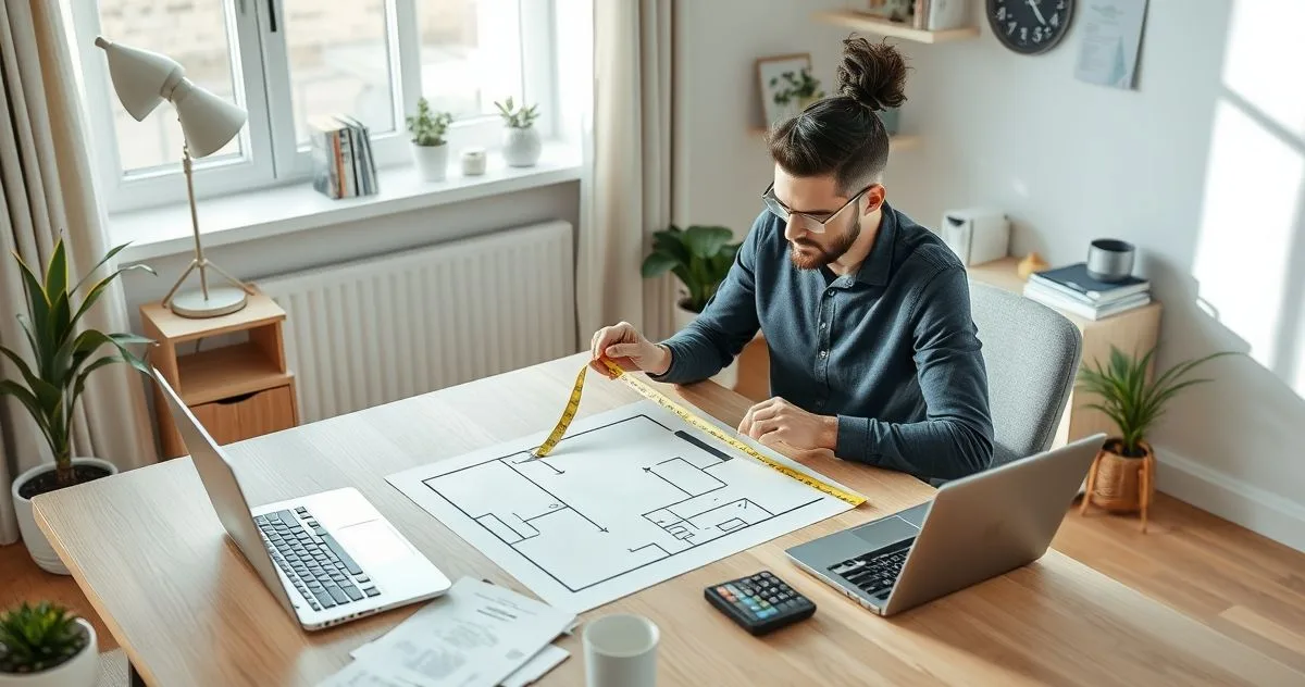 Remote worker measuring a home office area at a tidy desk with laptop receipts and calculator illustrating home office tax deduction