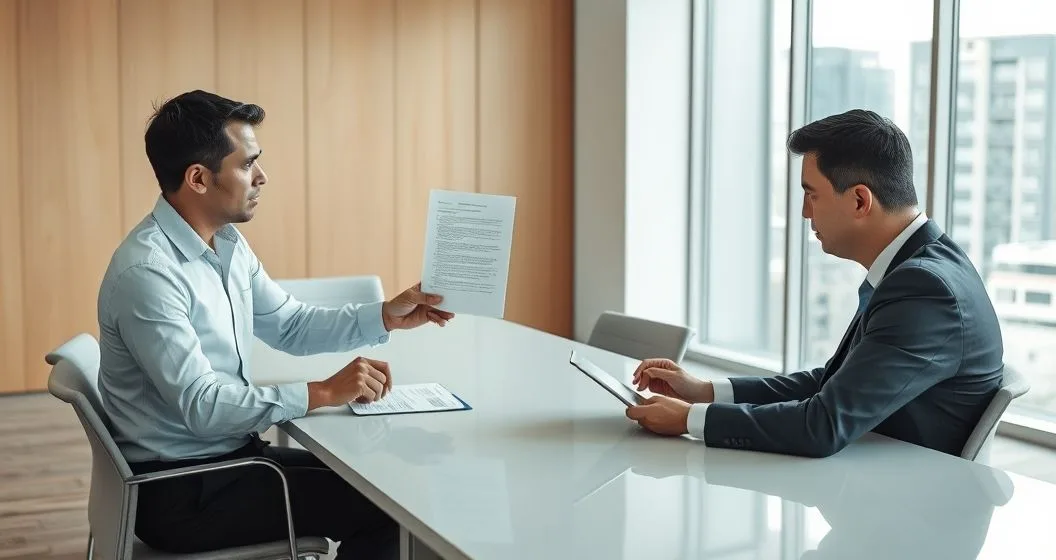 Lender slides a formal loan document to a borrower while an attorney reviews contract clauses on a tablet in a modern conference room