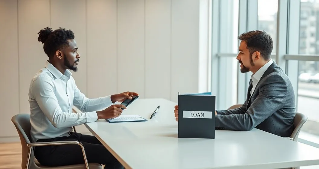 Loan officer pointing to a tablet while a borrower and legal adviser sit across a modern conference table in a bank office discussing remedies and options