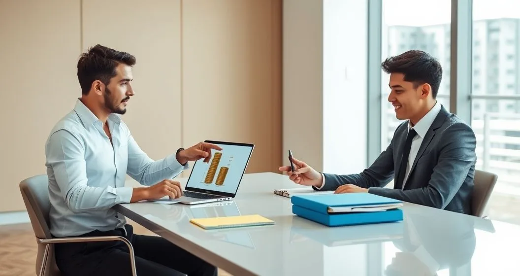 A financial advisor points to a laptop graphic showing a small coin stack and a larger growing coin stack while a young borrower takes notes illustrating paused interest versus accruing interest for student loan options.