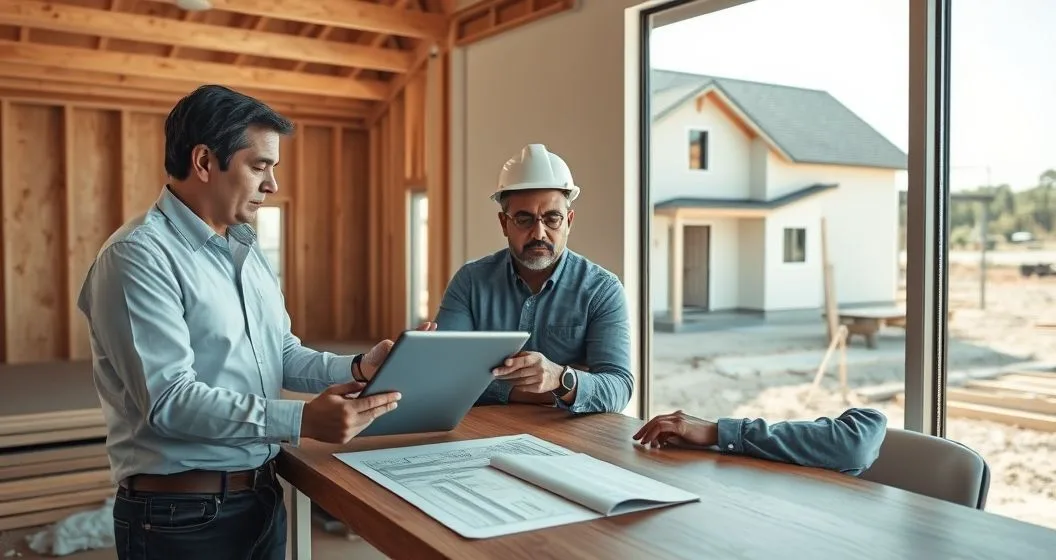 Three professionals in a construction trailer reviewing a tablet and blueprints with a partially framed house visible outside representing deposit and holdback process
