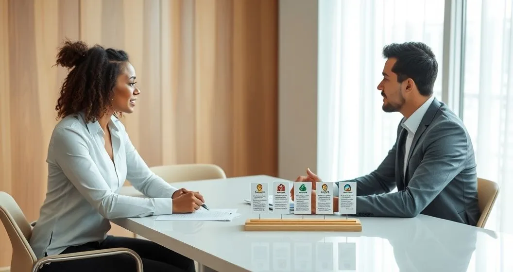 Tax advisor consults with a couple over documents with five icons representing different IRS filing statuses on the table