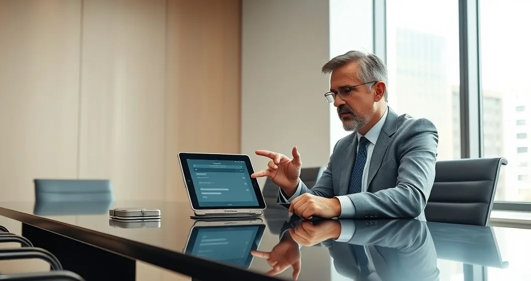 A financial advisor and client review a tablet displaying a secure digital vault while a hardware crypto wallet rests on a clean conference table in a modern office.