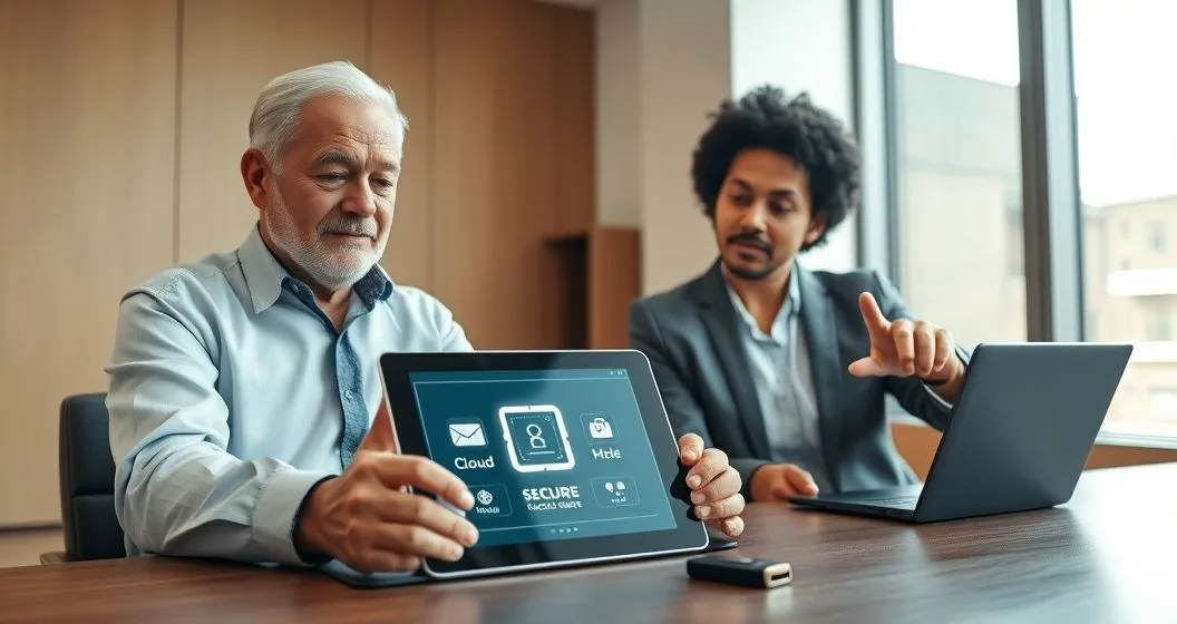 Client and legal professional review a tablet showing a secure digital vault with icons for email cloud social media and cryptocurrency in a clean office