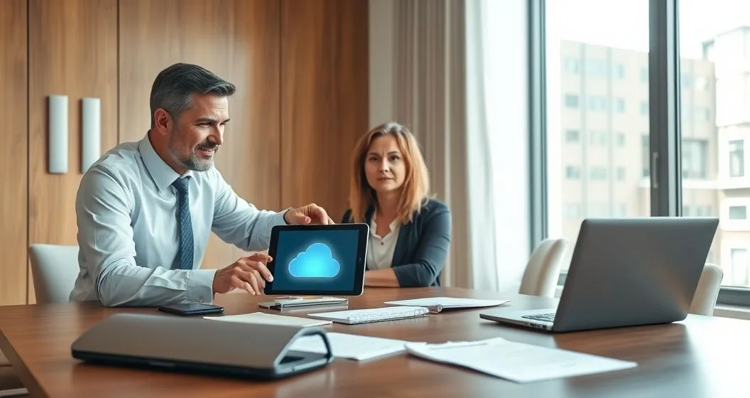 Estate attorney advising a diverse couple in a modern conference room pointing to a tablet with secure cloud icons