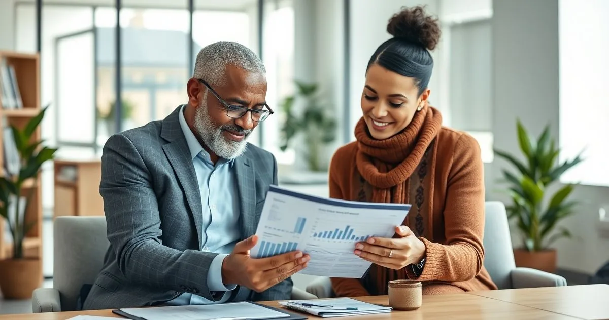 Financial advisor explaining disability insurance income replacement on a tablet to a client couple in a modern office.