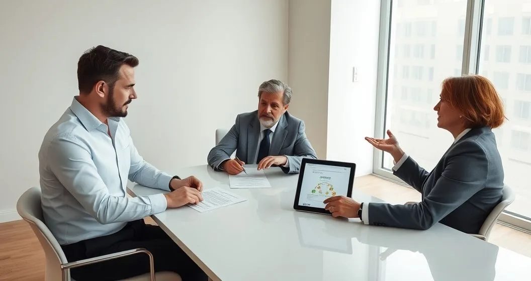 Beneficiary pointing to a trust document while an estate attorney and financial advisor discuss a tablet showing an asset flow diagram in a modern law office