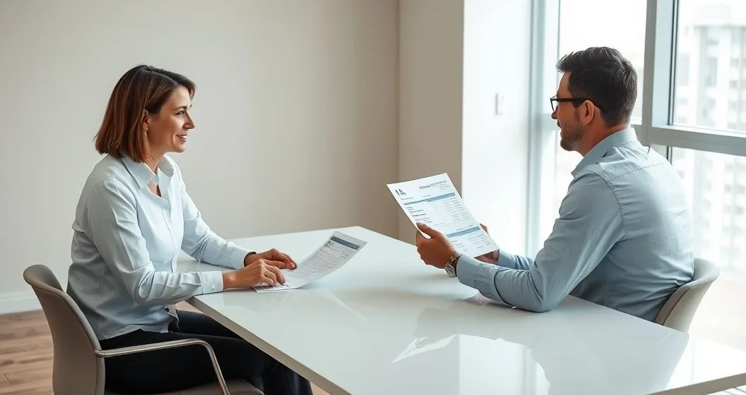A financial counselor points to an entry on a printed credit report while a consumer holds a photocopy of their identity card in a clean modern office setting