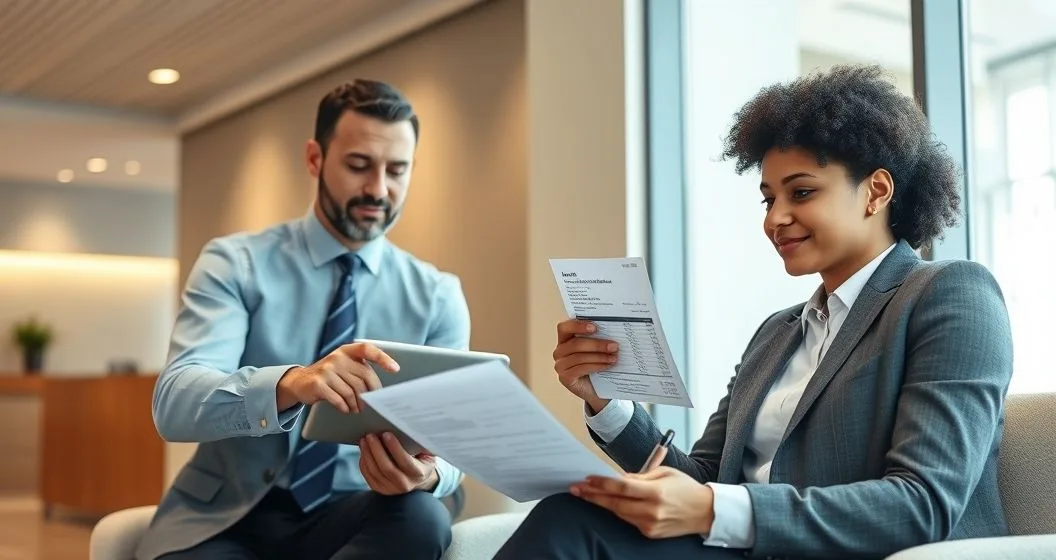 Bank representative and customer reviewing a transaction on a tablet while completing a dispute form at a conference table