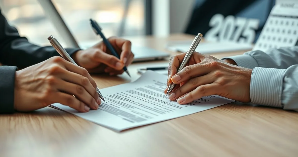 Hands of a professional preparing a written billing dispute with account copies and a stamped envelope on a clean desk in an office