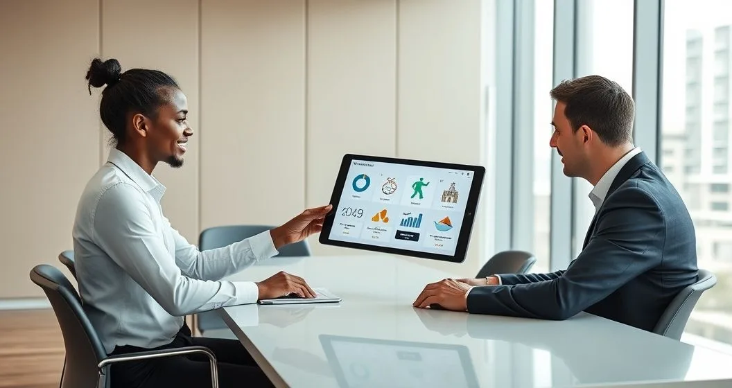 Financial advisor shows a tablet with icons for stocks bonds real estate commodities and global markets to two clients in a modern conference room