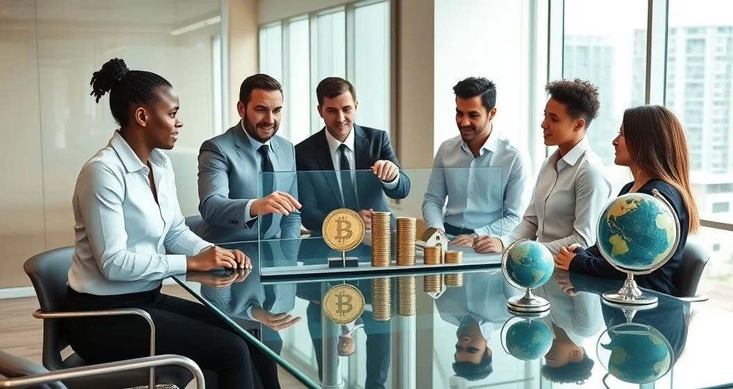 Financial advisors and clients at a glass conference table comparing a tablet display showing one large concentrated asset versus multiple smaller assets representing a diversified portfolio