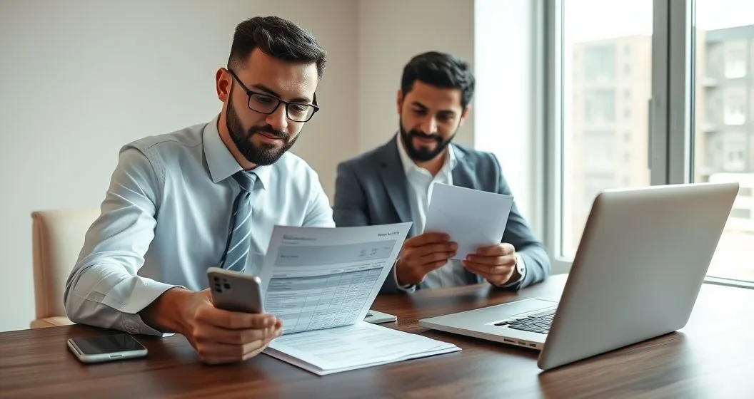 Consumer and advisor reviewing a dated communications log and preparing a mailed notice with a smartphone showing blurred call history in a clean office.