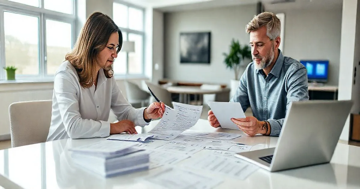 Homeowner and tax advisor organizing receipts certification and installation records on a clean table in a modern office